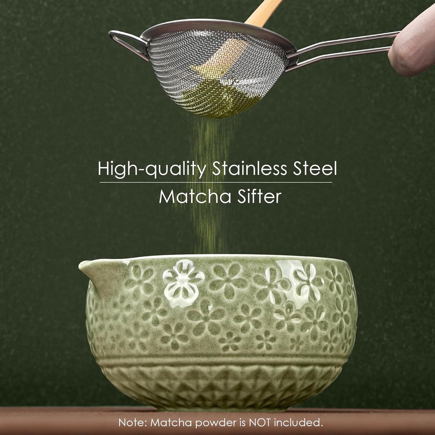 Matcha Whisk Set, Ceramic Bowl Matcha Kit & Handcrafted Bamboo Chasen, Complete 5 Pcs Matcha Set Whisk and Bowl, Stainless Steel Sifter, Bamboo Scoop & Holder for Matcha Lovers