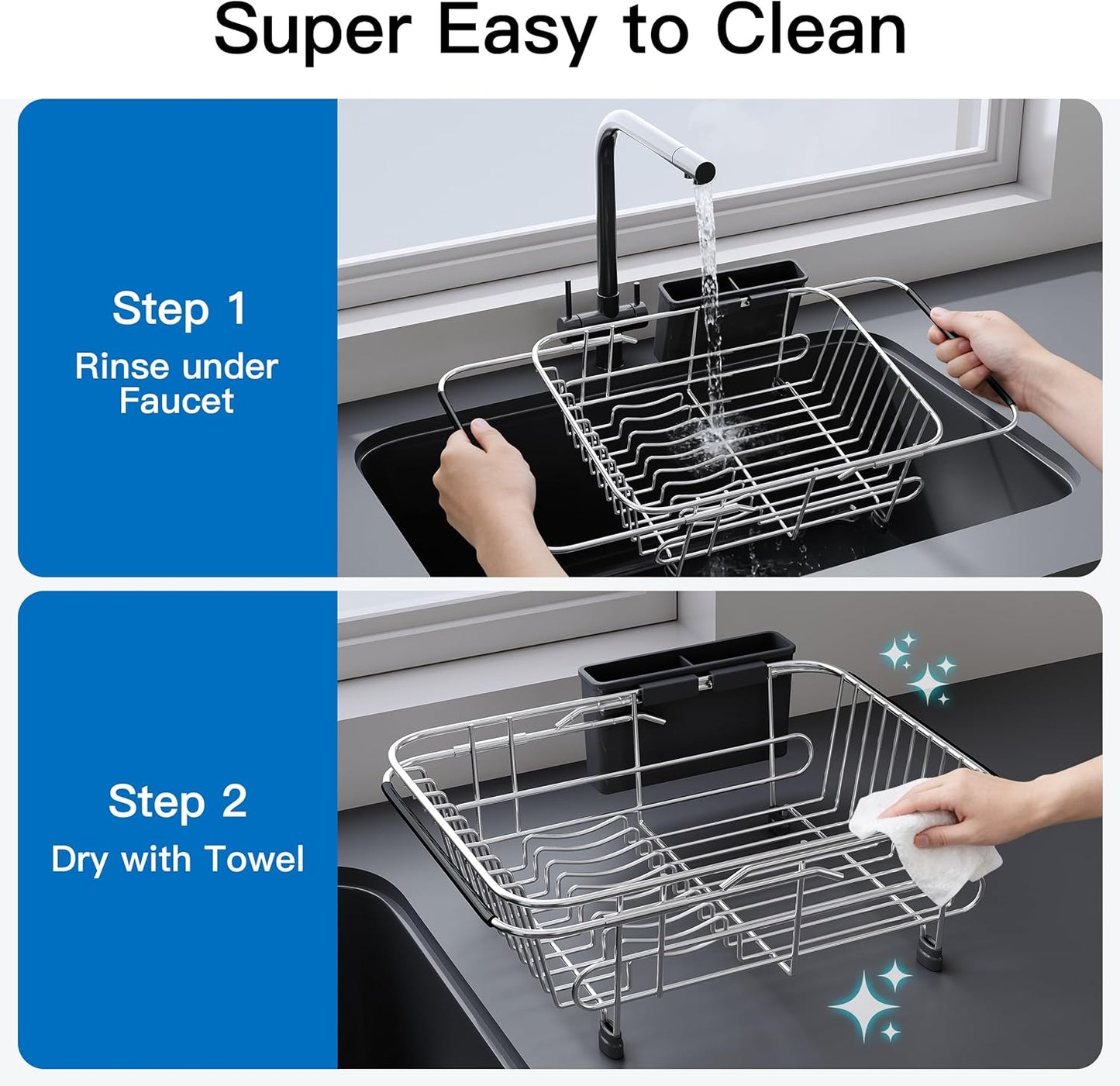 JASIWAY Roll Up Dish Drying Rack, Expandable (12.8"-23.8" D x 12.8" W) Stainless Steel Portable Drainer for Kitchen Sink Counter, Foldable Over The Sink Cover with Removable Utensil Holder