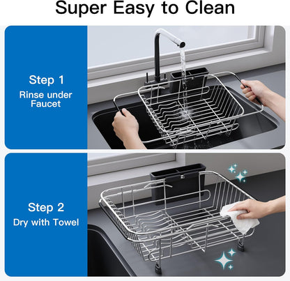 JASIWAY Roll Up Dish Drying Rack, Expandable (12.8"-23.8" D x 12.8" W) Stainless Steel Portable Drainer for Kitchen Sink Counter, Foldable Over The Sink Cover with Removable Utensil Holder