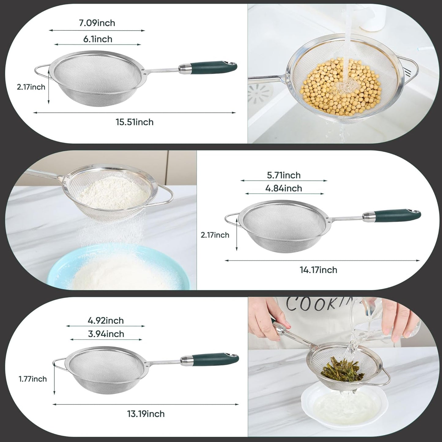 Stainless Steel Fine Mesh Strainer Set (3 Sizes 12/14/18cm, 40 Mesh) – 304 Food Grade, For Pasta, Rice, Flour & Tea – Reinforced Handle, Hook Rest, Heat-Safe Grip, Dishwasher Safe