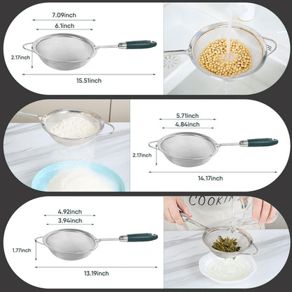Stainless Steel Fine Mesh Strainer Set (3 Sizes 12/14/18cm, 40 Mesh) – 304 Food Grade, For Pasta, Rice, Flour & Tea – Reinforced Handle, Hook Rest, Heat-Safe Grip, Dishwasher Safe