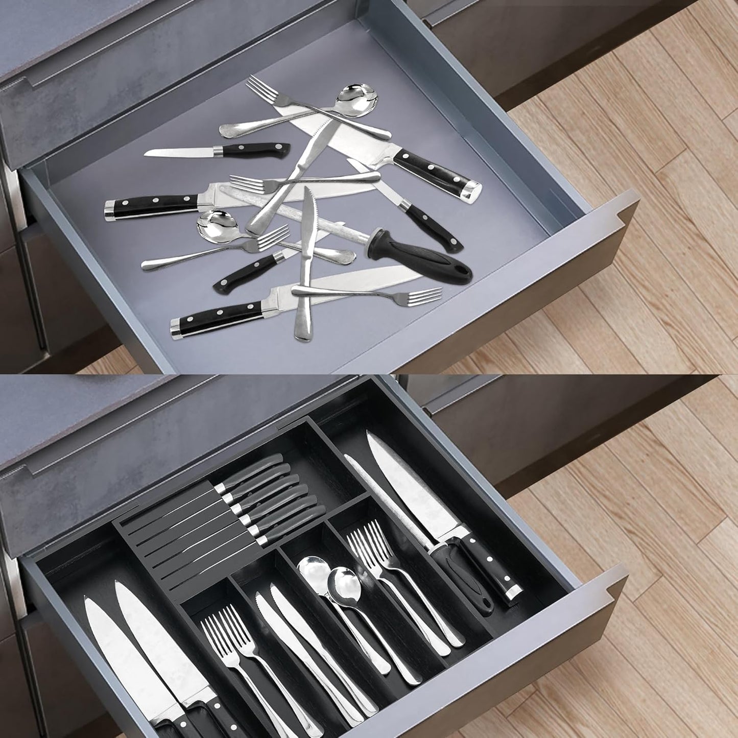 VaeFae Bamboo Silverware Drawer Organizer Kitchen, Expandable Utensil Organizer with Knife Block, Cutlery Tray with Divider, Multifunctional Drawer Organizer (Black)
