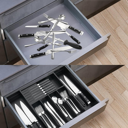 VaeFae Bamboo Silverware Drawer Organizer Kitchen, Expandable Utensil Organizer with Knife Block, Cutlery Tray with Divider, Multifunctional Drawer Organizer (Black)