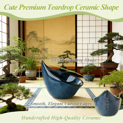 Pottery Herb Stripper Bowl, Teardrop Shaped Ceramic Herb Stripper, Handmade Leaf Remover with Different Sized Round Holes for Parsley, Cilantro, Rosemary & Salad Cooking(Blue)