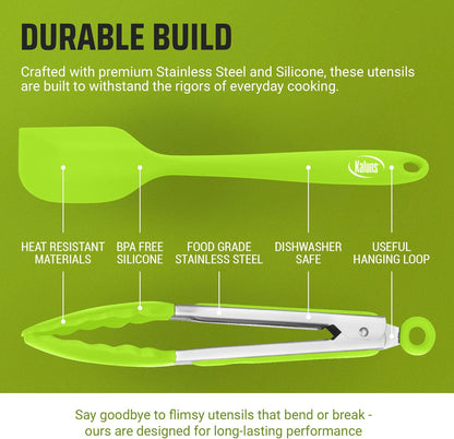 Kaluns Kitchen Tongs for Cooking Grilling Set of 4, BBQ Grill Tongs With Silicone Tip Stainless Steel Heat Resistant, Non-stick Pull Lock, Incl 7, 9, 12 Inch Tong Plus a Silicone Spatula
