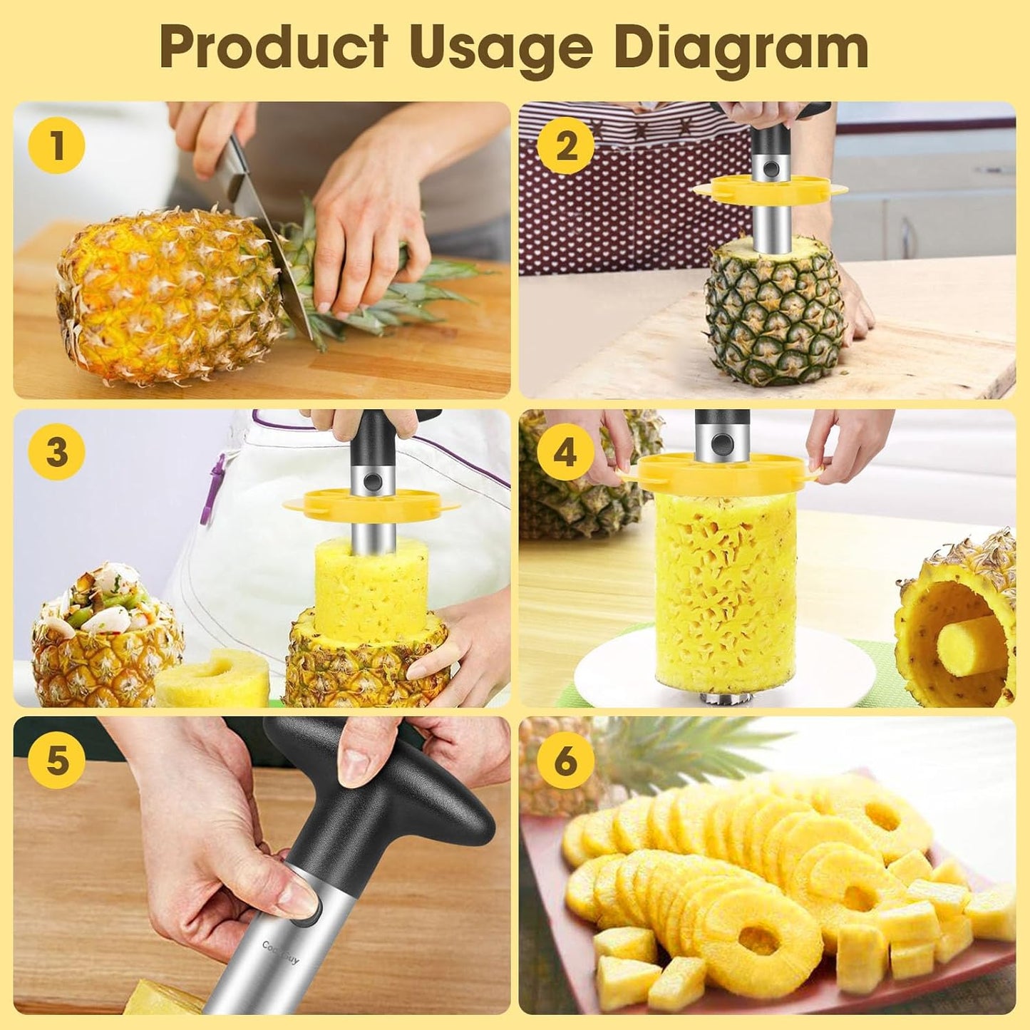 Cook Guy Pineapple Corer and Slicer Set - Includes Reinforced Stainless Steel Pineapple Cutter, Plastic Pineapple Divider - Easy Core Removal and Cutting Tool