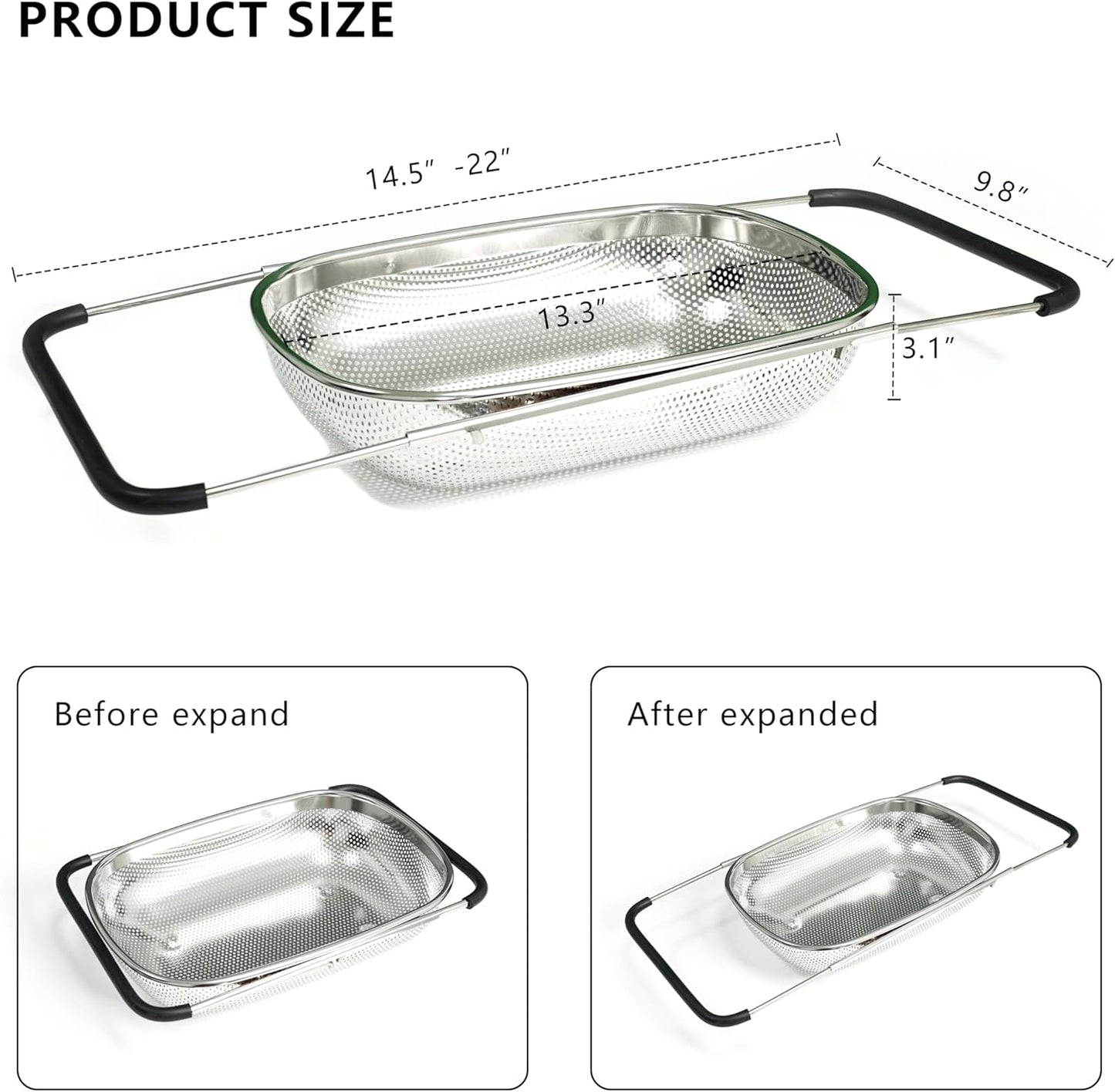 GREATLINK Over Sink Expandable Colander - Fine Mesh Strainer Basket with Extendable Handles for Kitchen, 6QT Vegetable Fruit Pasta Strainer for Washing Rice, Kitchen Colander