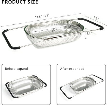 GREATLINK Over Sink Expandable Colander - Fine Mesh Strainer Basket with Extendable Handles for Kitchen, 6QT Vegetable Fruit Pasta Strainer for Washing Rice, Kitchen Colander