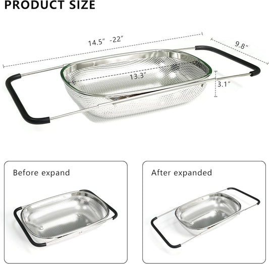 GREATLINK Over Sink Expandable Colander - Fine Mesh Strainer Basket with Extendable Handles for Kitchen, 6QT Vegetable Fruit Pasta Strainer for Washing Rice, Kitchen Colander