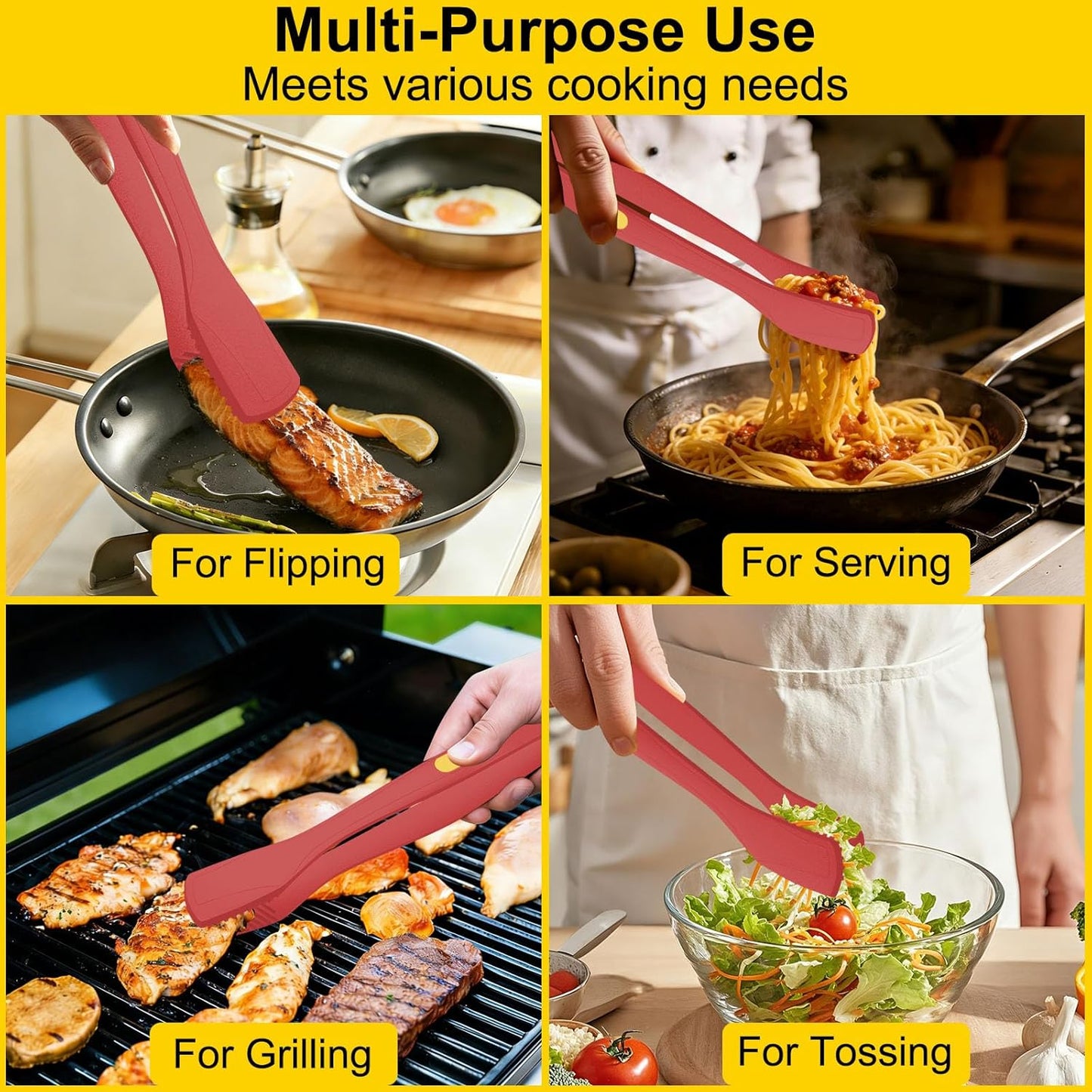Beijiyi Kitchen Tongs for Cooking, 9" & 12" Set, Silicone Cooking Tongs with Silicone Tip for Nonstick Cookware, 600°F Heat Resistant, Stainless Steel Core, Great for Grilling and Serving Food (Black)