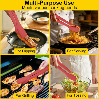 Beijiyi Kitchen Tongs for Cooking, 9" & 12" Set, Silicone Cooking Tongs with Silicone Tip for Nonstick Cookware, 600°F Heat Resistant, Stainless Steel Core, Great for Grilling and Serving Food (Black)