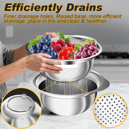 Colander, Stainless Steel Colander for Kitchen, 3Pcs Kitchen Gadget Food Strainer Basket with Handle, Kitchen Strainer Colanders Bowl for Pasta Noodles Spaghetti Vegetables Fruit (2QT, 3QT, 5QT)