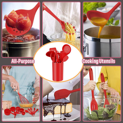 E-far Silicone Cooking Utensils Set, 7-Piece Black Heat Resistant Kitchen Utensils Set, Kitchen Nonstick Tools Spatula Ladle Spoon Pasta Server for Non-stick Cookware, Non-Toxic & Dishwasher safe