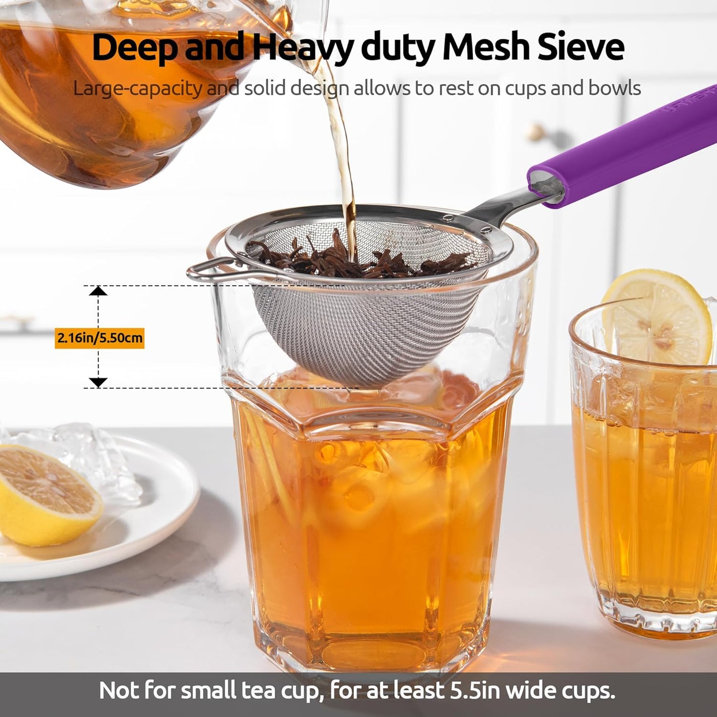 U-Taste Medium Fine Mesh Strainer: 18/8 Stainless Steel 4.73in 30 Mesh Kitchen Food Sieve with Sturdy Riveted Silicone Handle, Heavy Duty Deep Handheld Metal Colander for Rice, Quinoa, Flour (Black)