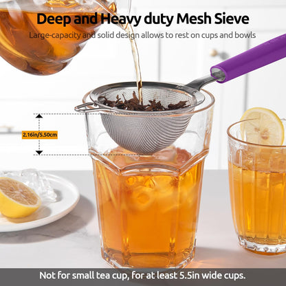 U-Taste Medium Fine Mesh Strainer: 18/8 Stainless Steel 4.73in 30 Mesh Kitchen Food Sieve with Sturdy Riveted Silicone Handle, Heavy Duty Deep Handheld Metal Colander for Rice, Quinoa, Flour (Black)