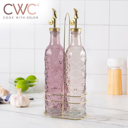 COOK WITH COLOR Glass Olive Oil Bottle Dispenser - 2 Pack- 17oz Oil and Vinegar Cruet - Olive Oil Carafe Decanter for Kitchen, Elegant Waves, Clear