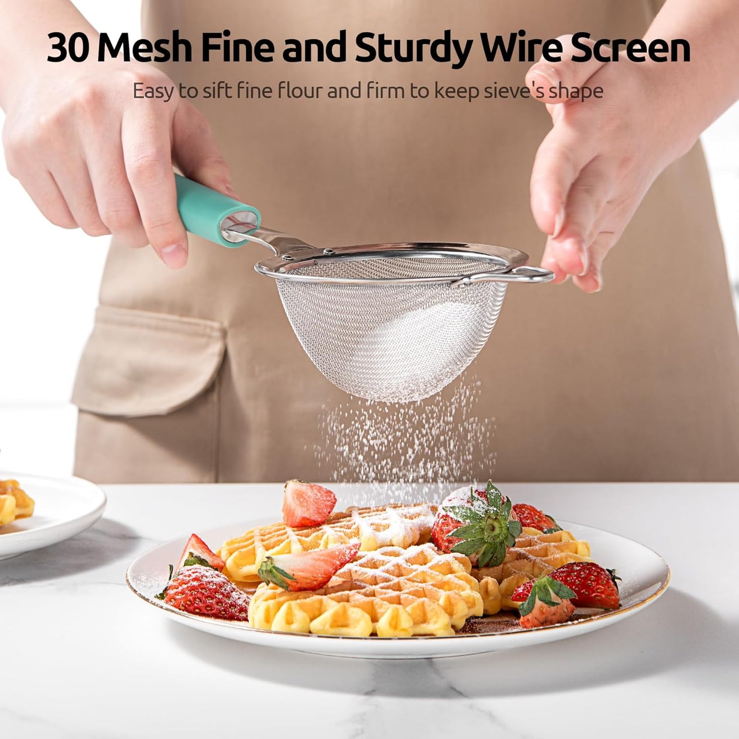 U-Taste Medium Fine Mesh Strainer: 18/8 Stainless Steel 4.73in 30 Mesh Kitchen Food Sieve with Sturdy Riveted Silicone Handle, Heavy Duty Deep Handheld Metal Colander for Rice, Quinoa, Flour (Black)