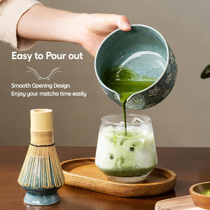 Matcha Whisk Set, Ceramic Matcha Set, 6 Pcs Matcha Kit Includes Matcha Bowl, Matcha Whisk with Holder, Bamboo Scoop, Scoop Rest, Sifter, Ceremonial Matcha Tea Set, Perfect Gifts, Blue