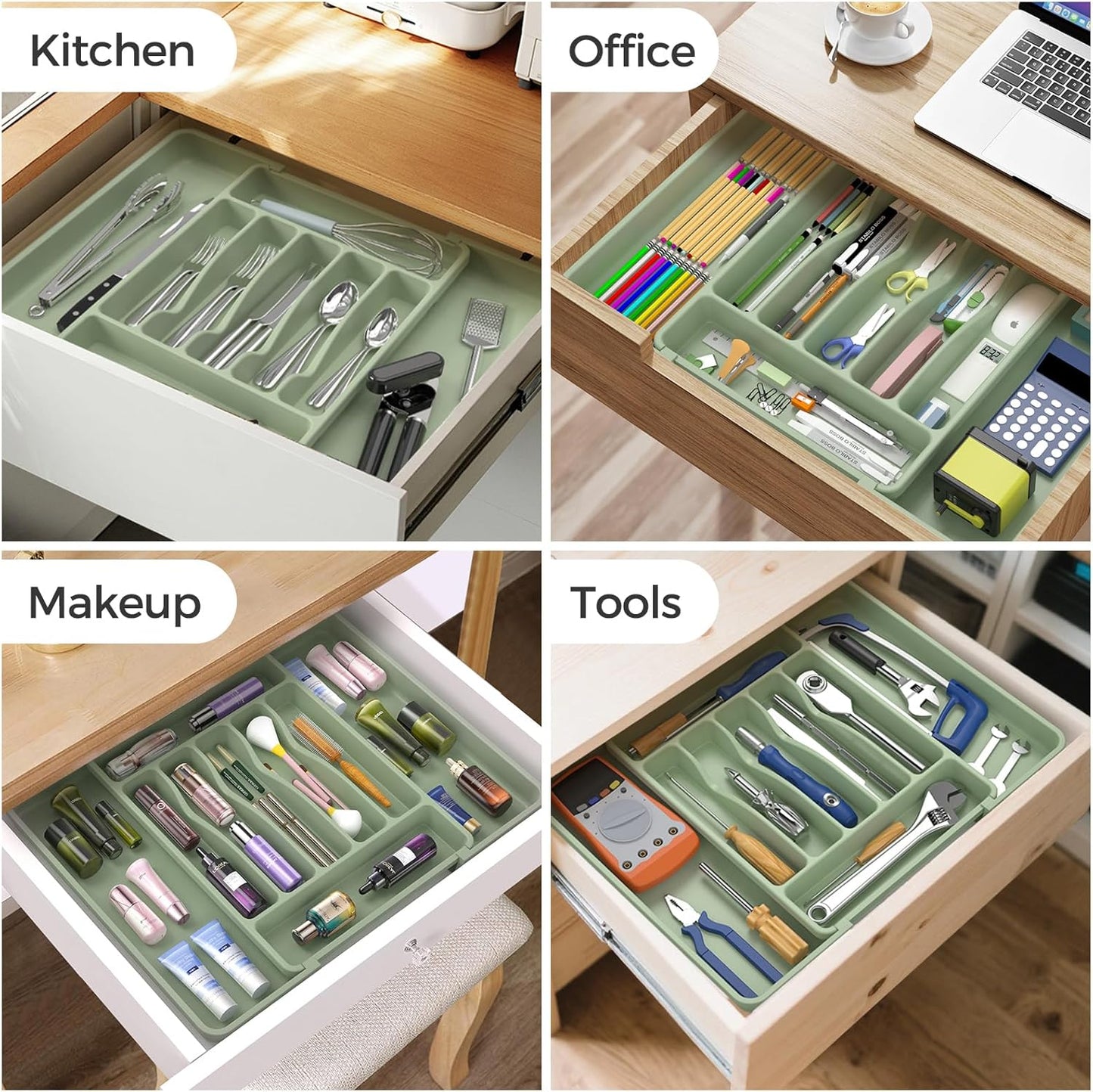 ukeetap Extra Large Expandable Silverware Organizer, BPA-Free Food-Safe Cutlery Flatware Organizer, Kitchen Utensil Drawer Organizer, Adjustable Silverware Holder for Spoons Forks Knives, Black
