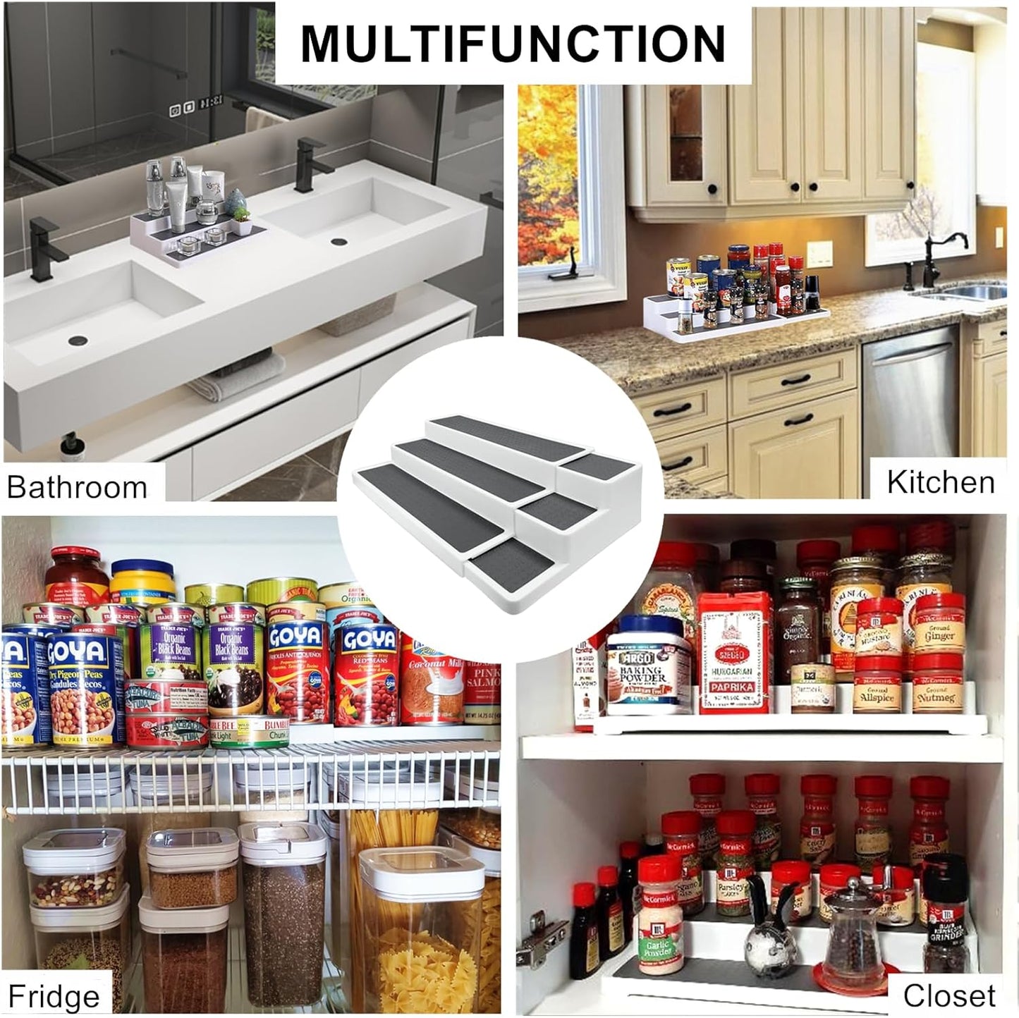 CiWiVOKi 3 Tier Expandable Spice Rack Organizer, White/Grey Plastic Spice Rack, Adjustable Length 14.6In-25.8In, 2 Pack Non-Skid Tiered Spice Shelf Organizer for Kitchen Cabinet, Cupboard, Pantry