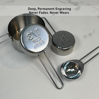 Silver Stainless Steel Measuring Cups and Spoons Set, 8 Piece, Engraved Measurements, Durable Nesting Kitchen Set