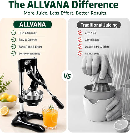 Professional Cast Iron Manual Citrus Juicer - Heavy Duty Hand Press for Orange, Lemon, Lime, Pomegranate - High Yield Juice Presser, Stable Countertop Design, Easy to Clean (BLACK)