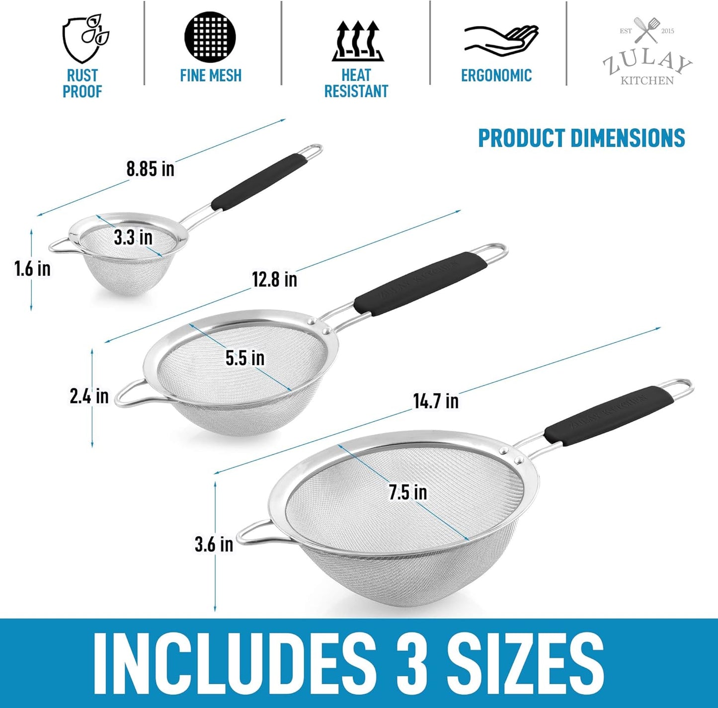 Zulay Kitchen 304 Stainless Steel Fine Mesh Strainer 3.35 in - Strainers Fine Mesh, Tea Strainers for Loose Tea - Perfect for Tea, Cocktails, Juicing, Drinks, Liquids, Matcha, Coffee & More