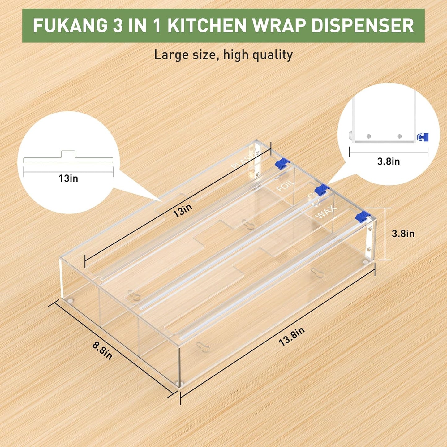 Kitchen Wrap Organizer, Foil and Plastic Wrap Organizer 3 in 1 with Sliding Cutter, Acrylic Wrap Dispenser for Drawer or Wall Mount, Fits 12 Inch Rolls