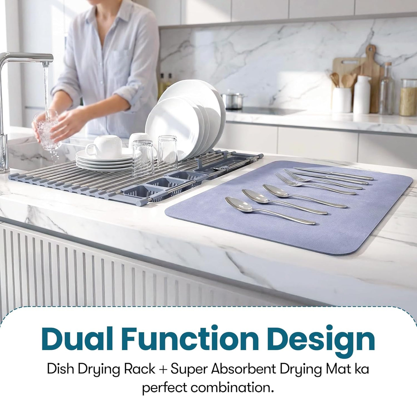 Havenity™ Expandable Roll Up Dish Drying Rack for Small Sinks - Expandable 12.8 to 22.8 Inch Over Sink Rack, Fits Apartments, RVs and Office Kitchens, Stainless Steel, 2 Baskets