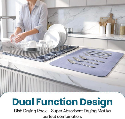 Havenity™ Expandable Roll Up Dish Drying Rack for Small Sinks - Expandable 12.8 to 22.8 Inch Over Sink Rack, Fits Apartments, RVs and Office Kitchens, Stainless Steel, 2 Baskets