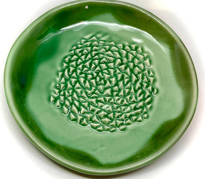 BonCera, All-in-one Premium Ceramic Garlic Grater Plate 4-Piece Set - Green Mountain Glazed Design - For Garlic, Ginger, Chocolate, and more! - Comes with 5.25" Plate, Peeler, Brush, and Stand