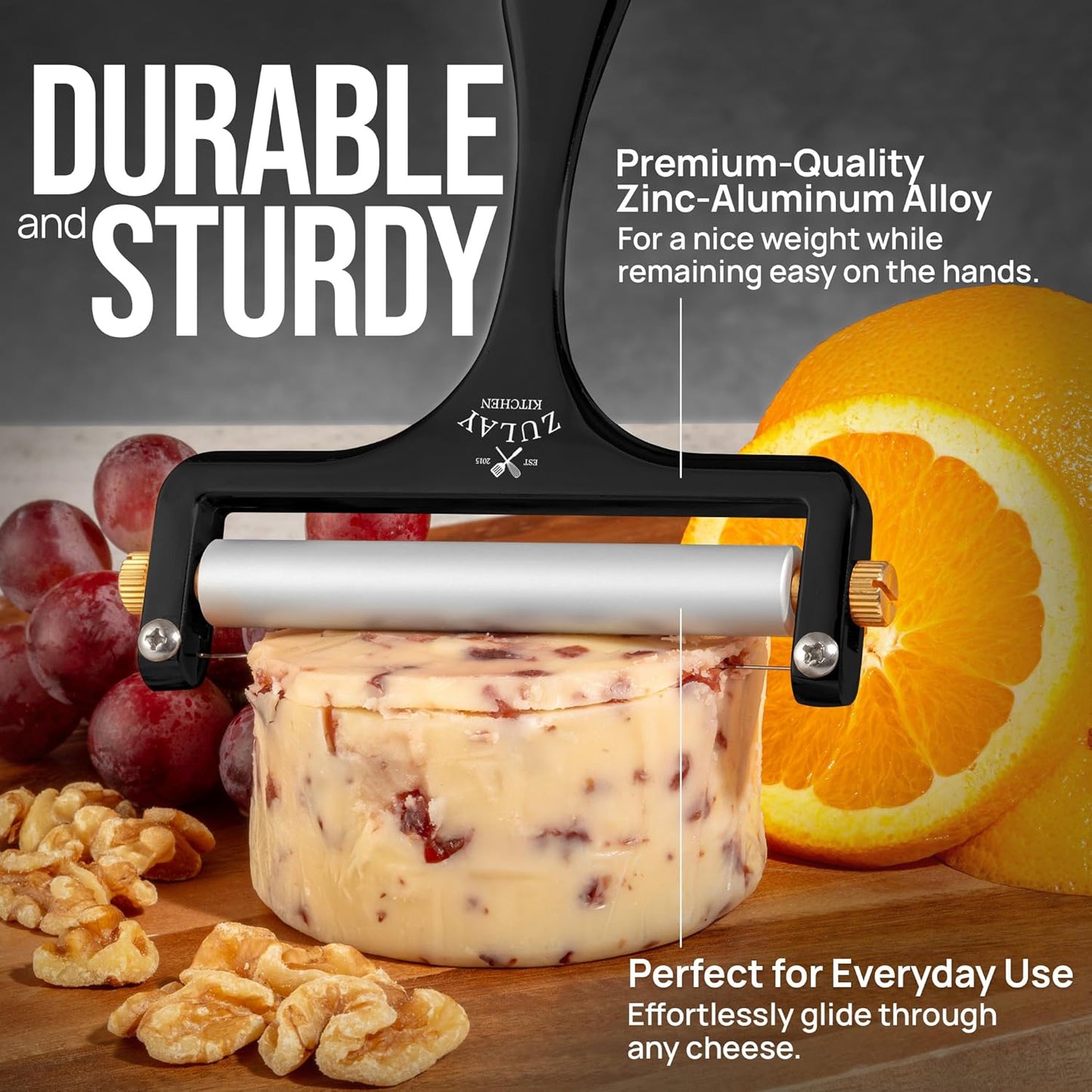 Zulay Kitchen Stainless Steel Wire Cheese Slicer - Adjustable Hand Held Cheese Cutter with 2 Extra Wires - Premium Cheese Shaver For Mozzarella, Cheddar, Gruyere - Cheese Cutter with Wire (Gunmetal)
