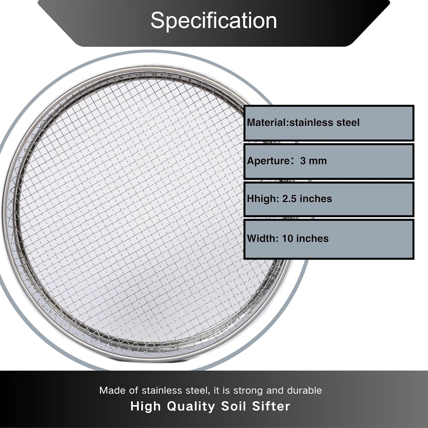 Garden Soil Sifter -10" Sifting Pan-Sieve for Sand Rocks Dirt Compost (1/12”Mesh Screen)