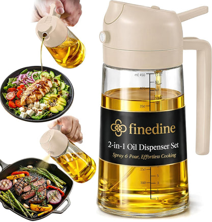 FineDine 16oz Olive Oil Sprayer for Cooking, 2 in 1 Olive Oil Dispenser Bottle for Kitchen, Air Fryer, Salad, BBQ & Baking – Dual Spray Mist & Stream, with Measurement Marks, Black