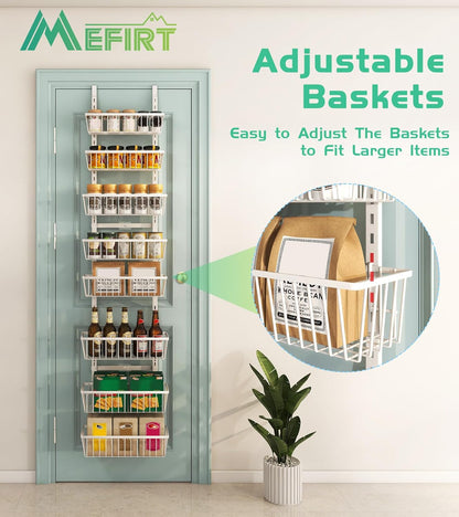 Mefirt White 9-Tier Over The Door Pantry Organizer, Pantry Organization and Storage, Deep Baskets Hanging Heavy-Duty Metal, Wall Spice Rack Seasoning Shelves for Home & Kitchen, Laundry Room Bathroom