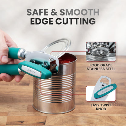 Zulay Kitchen Heavy Duty Stainless Steel Can Opener Manual with Bottle Opener - Rust Proof Manual Can Opener With Turn Knob & Comfy Soft Grip Handles - Black - Colors B