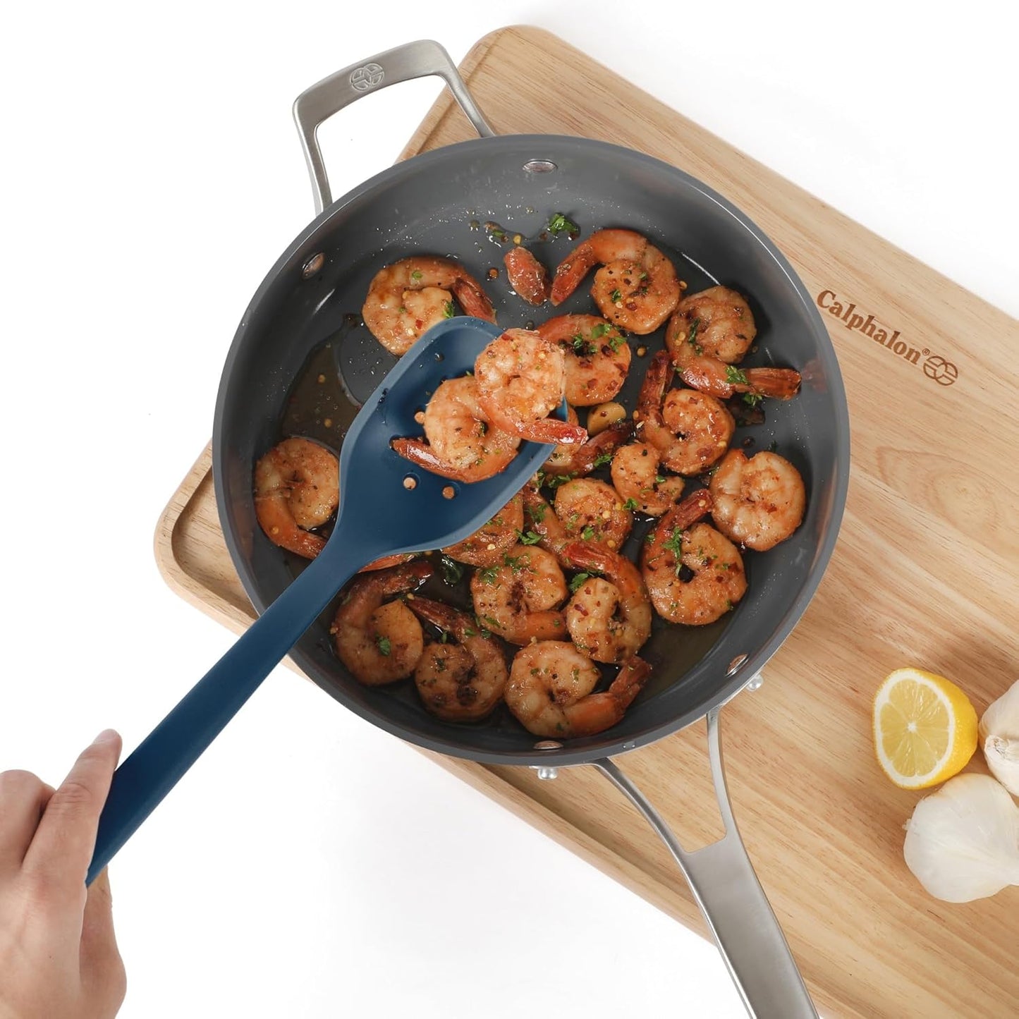 Calphalon Edge Silicone Slotted Turner, Flexible Silicone Slotted Spatula with Reinforced Core, Heat-Resistant Nonstick-Safe Turner for Draining, Navy