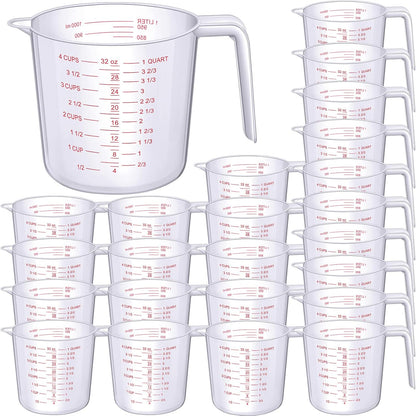 Fabbay 24 Pcs 4 Cup Capacity Plastic Measuring Cup 1000 ml Clear Graduated Measuring Cups Plastic Mug with Spout and Handles Ounce and Ml Marking for Recipe Ingredient Flour Water Liquid(Red,32 oz)