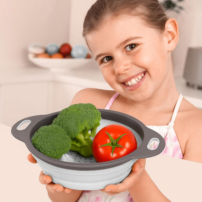 White Round Silicone Collapsible Colander – Silicone Round Kitchen Strainers with Plastic Handles Small Foldable Kitchen Strainer Perfect for Draining Pasta Vegetable and Fruit