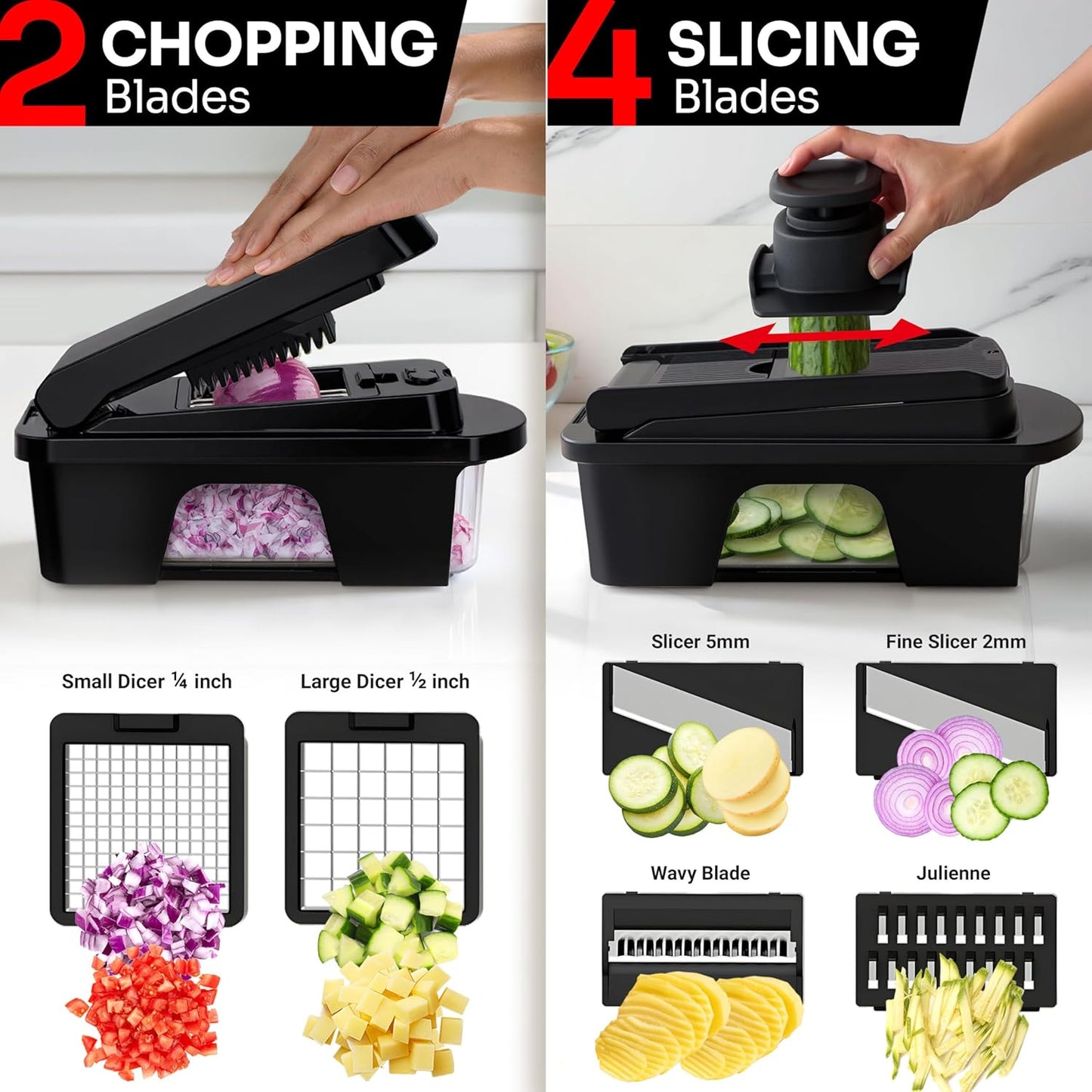 Mueller Pro-Series 10-in-1, 8 Blade Vegetable Chopper, Onion Mincer, Cutter, Dicer, Egg Slicer with Container, French Fry Cutter Potato Slicer, Home Essentials, Salad Chopper White Sand/Green