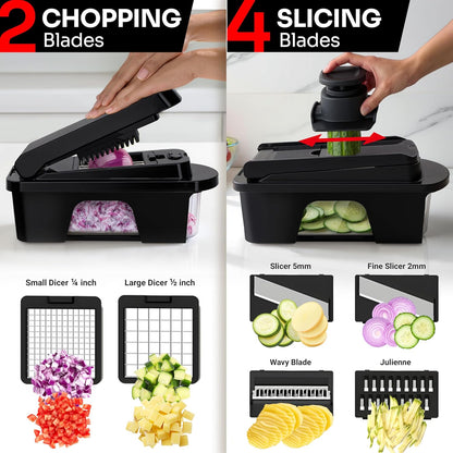 Mueller Pro-Series 10-in-1, 8 Blade Vegetable Chopper, Onion Mincer, Cutter, Dicer, Egg Slicer with Container, French Fry Cutter Potato Slicer, Home Essentials, Salad Chopper White Sand/Green