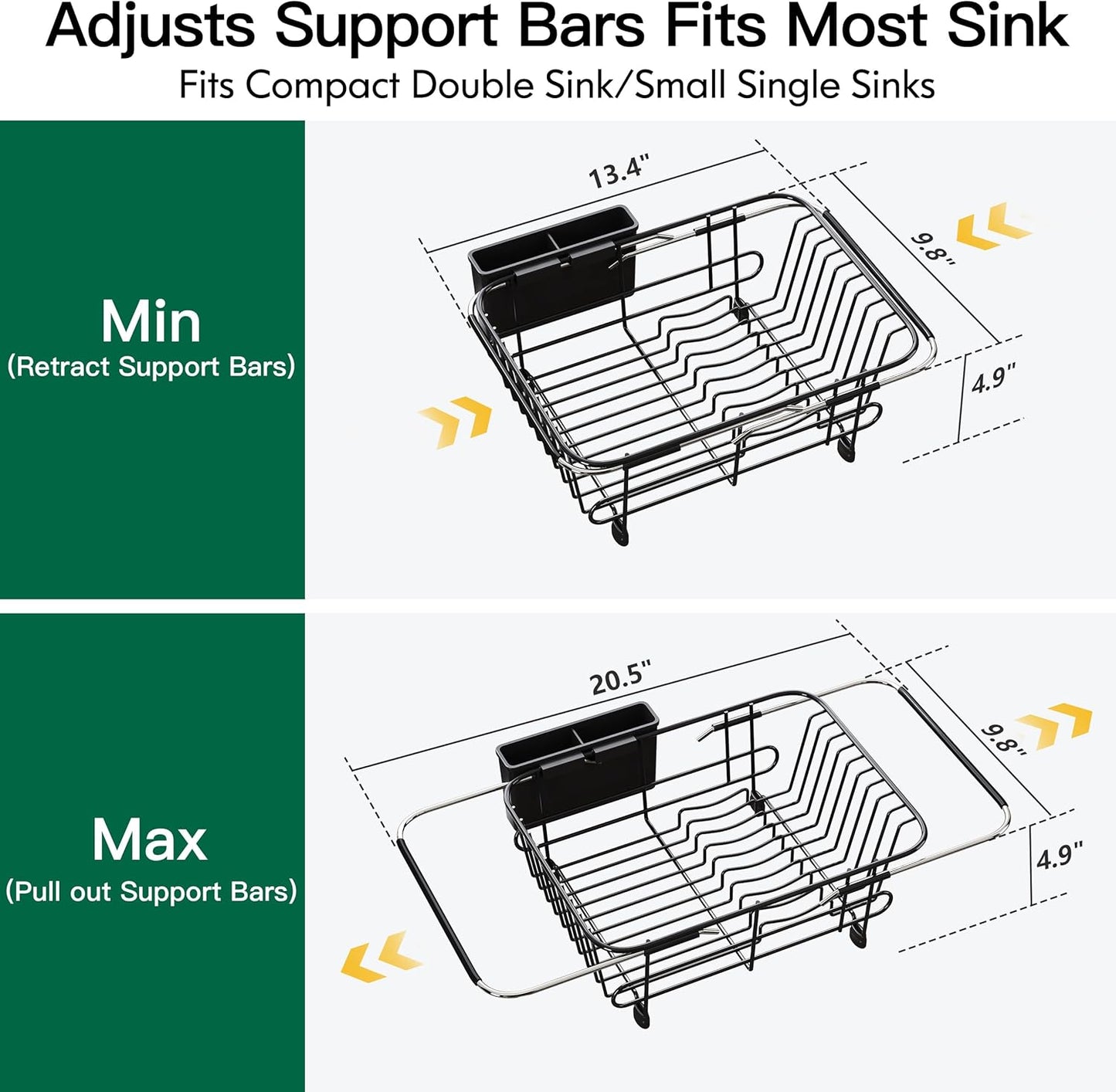 JASIWAY Roll Up Dish Drying Rack, Expandable (12.8"-23.8" D x 12.8" W) Stainless Steel Portable Drainer for Kitchen Sink Counter, Foldable Over The Sink Cover with Removable Utensil Holder