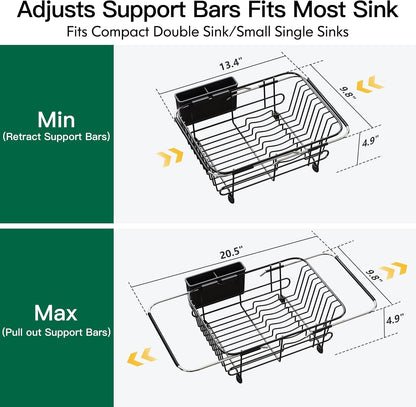JASIWAY Roll Up Dish Drying Rack, Expandable (12.8"-23.8" D x 12.8" W) Stainless Steel Portable Drainer for Kitchen Sink Counter, Foldable Over The Sink Cover with Removable Utensil Holder