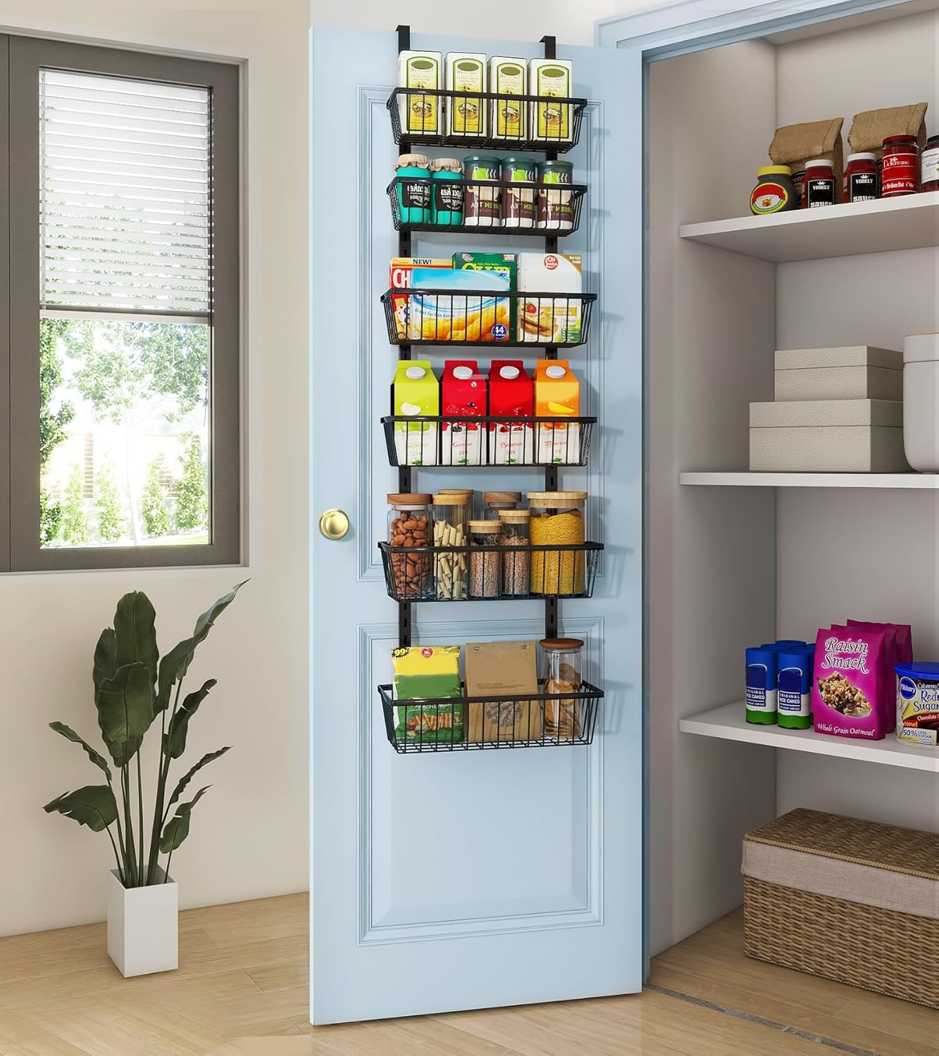 Mefirt White 9-Tier Over The Door Pantry Organizer, Pantry Organization and Storage, Deep Baskets Hanging Heavy-Duty Metal, Wall Spice Rack Seasoning Shelves for Home & Kitchen, Laundry Room Bathroom
