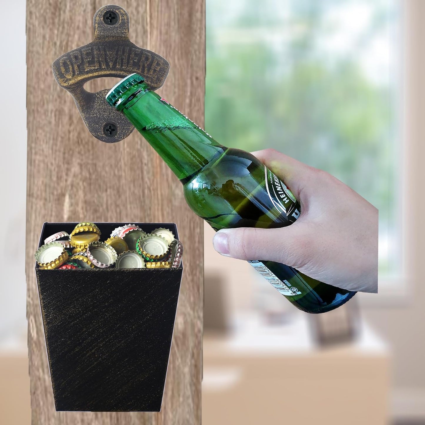 Satin Black Cast Iron Bottle Opener Wall Mounted with Bottle Cap Catcher Narrow