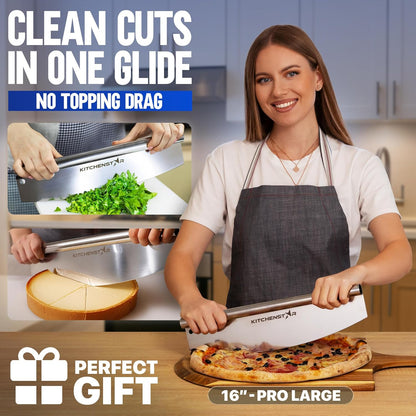 KitchenStar 14-Inch Pizza Cutter Rocker Blade - Sharp Stainless Steel Slicer Knife, Protective Cover, Dishwasher Safe, Large - Professional Pizza Oven Accessories