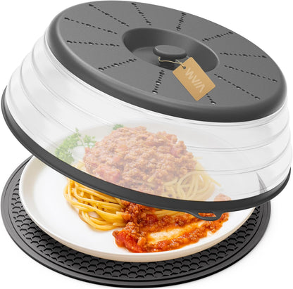 WVM Microwave Splatter Cover Vented for Food with Hook Hole, Splatter Guard & Colander Kitchen Gadget for Food, Meal Prep, Grey