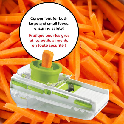 Starfrit Easy Mandoline Slicer, Dicer - 5-Blades and Graters - Straight & Crinkle Blades, Julienne, Grater & Shredder - Self-Feeding Pusher - Catch Base for Storage and Food Container
