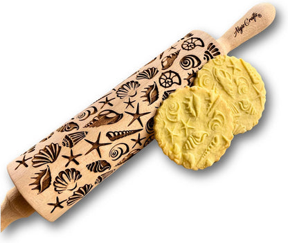 Embossing Rolling Pin SHELLS. Dough and Clay Roller for Embossed Cookies and Pottery. Cookie and Ceramic Stamp. Backing Gifts for Women by Algis Crafts
