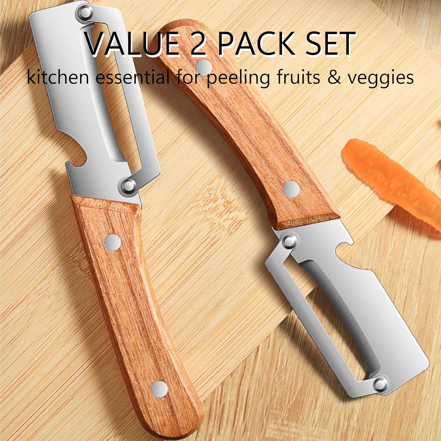 Upgrade Pro Multifunctional Vegetable Peeler - Premium Kitchen Peeler with Wooden Handle and Bottle Opener - Heavy Duty Stainless Steel Peeler Knife for Fruit Apple Potato Pumpkin Papaya Zucchini